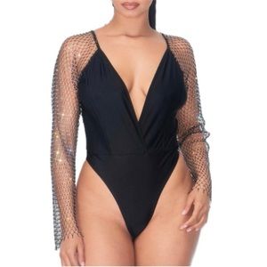 “Twilight Obsession” Black Plunge Bodysuit With Rhinestone Fishnet Long Sleeves